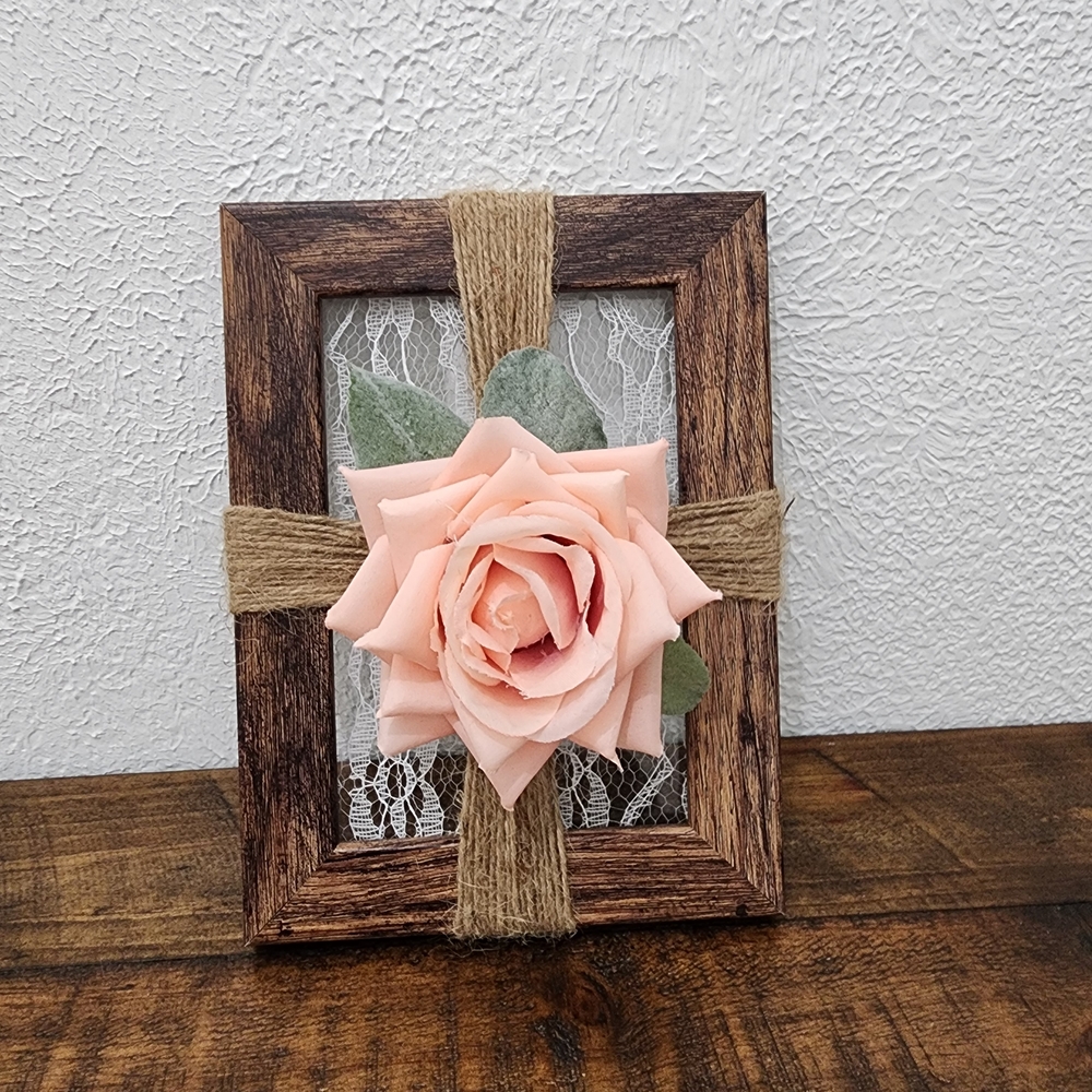 Rustic Brown Frame with Pink Rose Accent - Home Decor